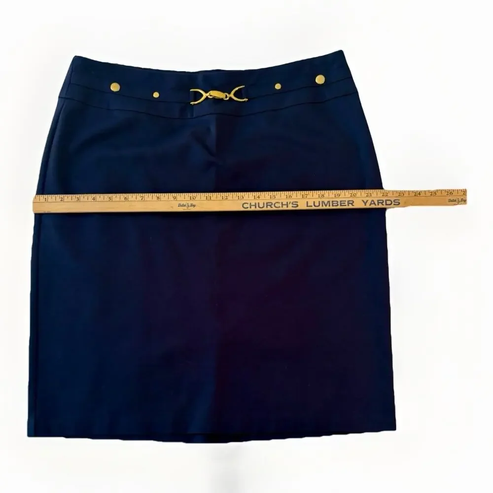 Navy Stretch Pencil Skirt Gold Bit Hardware Equestrian Chic Classic Prep Work XL